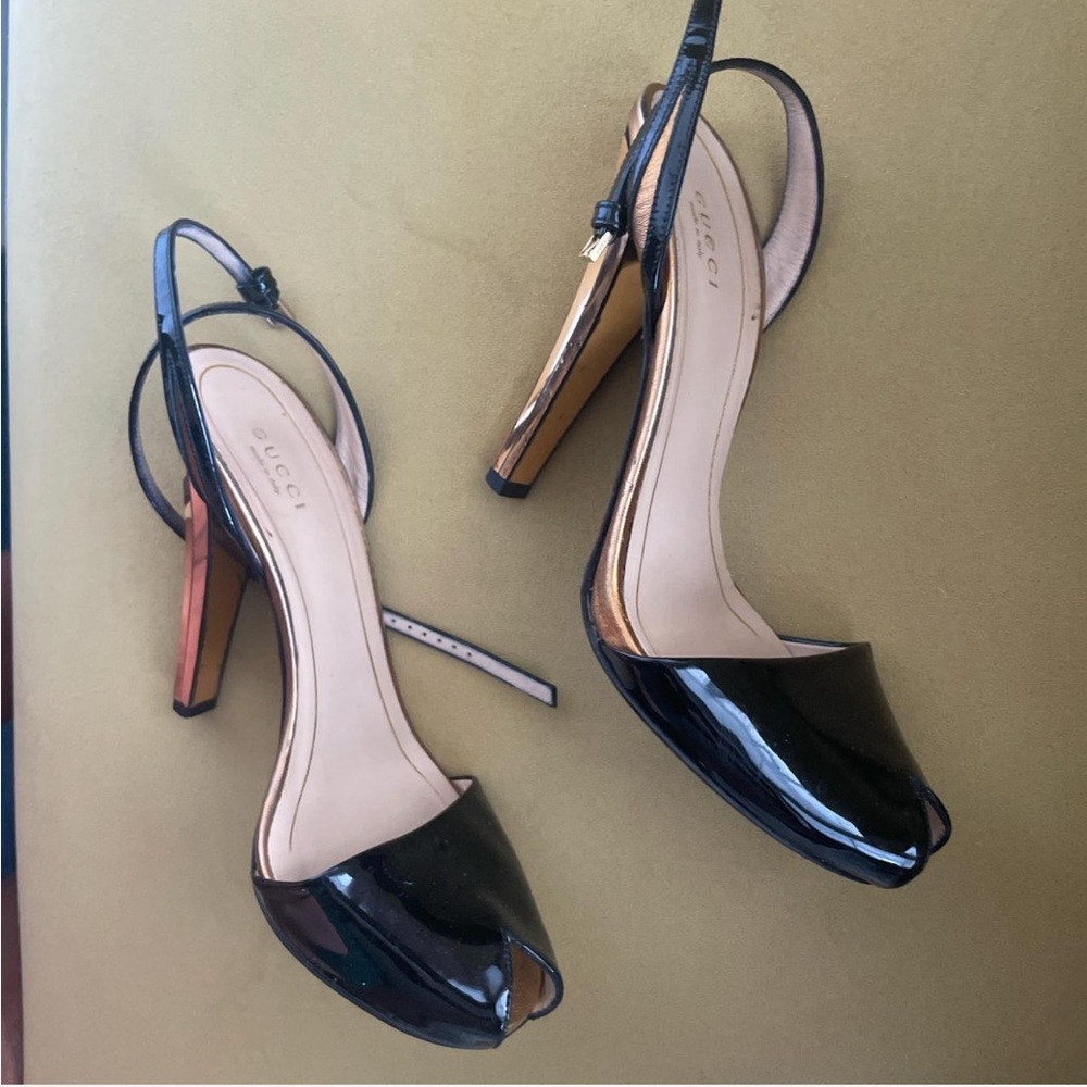 Gucci Glossy Black Peep toe W/ Metallic Heel